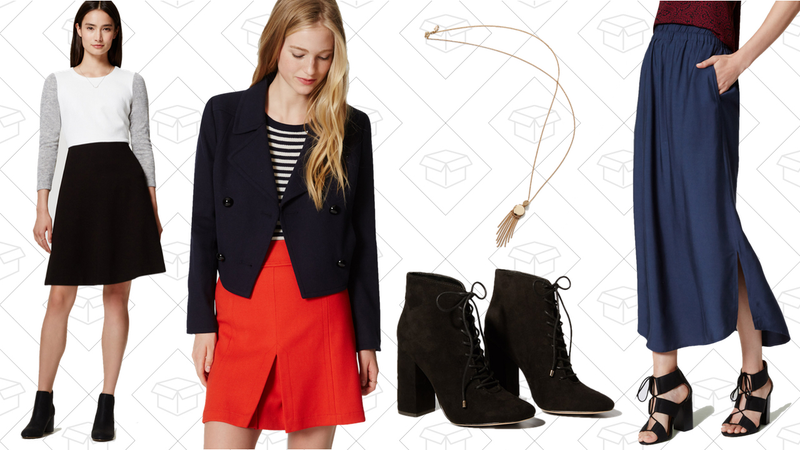 Colorblock Flare Dress, $54 | Cropped Peacoat, $65 | Tassel Disc Pendant Necklace, $21 | Lace Up Booties, $71 | Fluid Maxi Skirt, $42